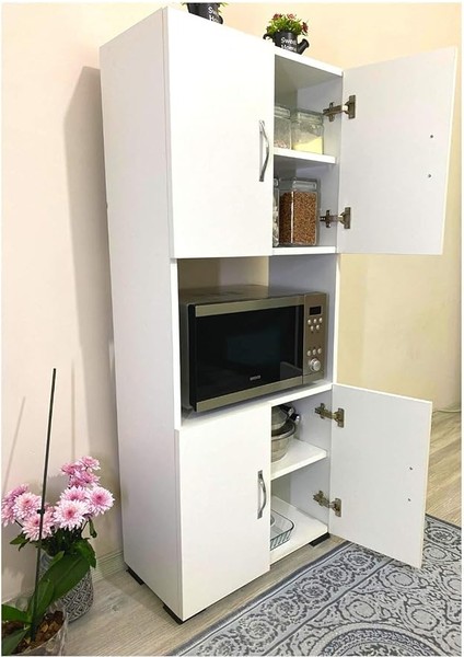 Mobilya 4 Kapaklı Orta Bölmeli Çok Amaçlı Beyaz Mikrodalga Fırın Dolabı, Mini Fırın Mutfak Dolabı modelleri