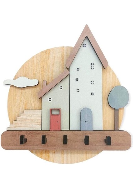 Art & Decoration Pastel Renkli Evler Ahşap Anahtarlık Hol Antre Askılık Duvar Dekor