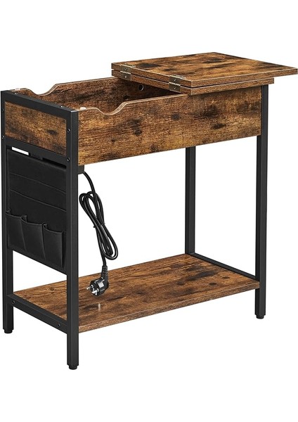 Elektrikli Sehpa, Yan Masa, Katlanır Masa, Başucu Masası, Elektrik Soketli, Kumaş Eşya Torbalı, Vintage, Kahverengi - Siyah, LET311B01