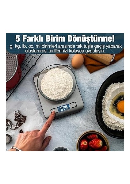 Dijital Mutfak Terazisi - Paslanmaz Çelik Yüzeyli Hassas Mutfak Tartısı - Dara Işlevi, LED Ekran, 5 Birim Dönüştürme ve Otomatik Kapanma Özellikli - 5 kg Tartı Kapasitesi modelleri