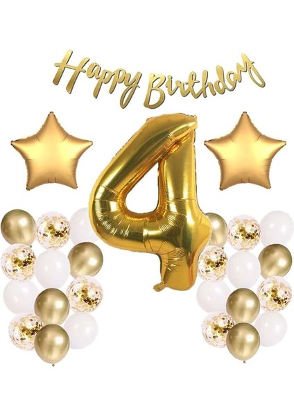 Gitti Gold Konsept Doğum Günü Kutlama Seti; Beyaz Gold Konfetili Balon, Rakam Yıldız Folyo ve Banner (4 Yaş)