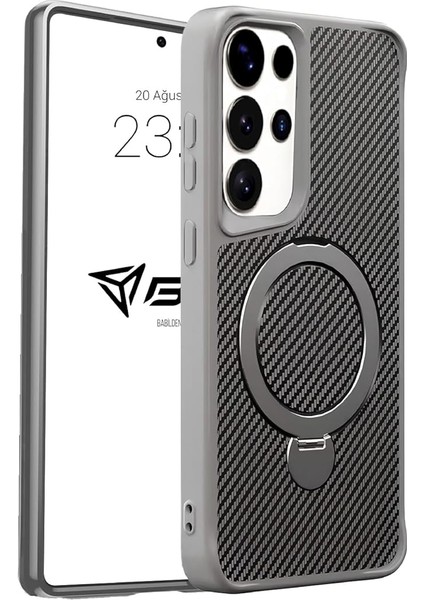 Samsung Karbon Fiber Materyal Stand Özellikli Lens Çerçeveli ve Sararmayan Güçlü Darbe Emici Premium Kılıf (Gümüş Rengi, Galaxy S25 Ultra)