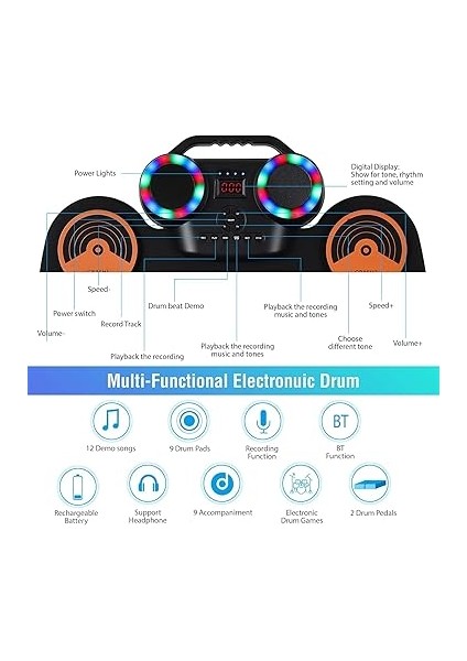 Elektrikli Davul Seti Taşınabilir Davul Pad Kiti 9 Ped Dahili Hoparlör Renkli Işıklarla LED Ekran Izleme 2 Bateri Çubuğu 2 Ayak Pedalı USB Veya Pille Çalışan Tatil Doğum Günü Si Müzik modelleri
