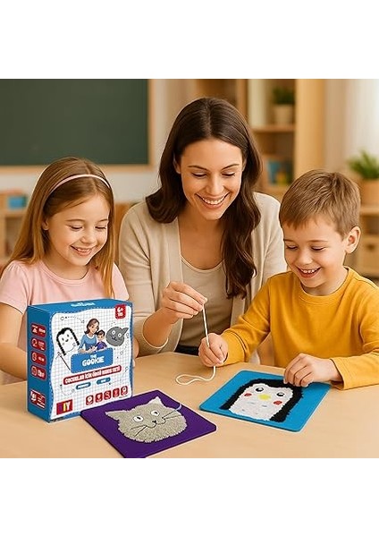 Gookıe Çocuklar Için Örgü Nakış Seti, Kedi ve Penguen Desenleri, El Sanatları Aktivite Kiti, 6+ Yaş fırsatları