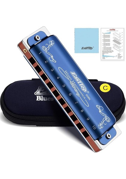 Top Diatonic Harmonica C 10 Delik 20 Ton Mavi Kılıflı, Profesyonel Oyuncular, Yeni Başlayanlar, Öğrenciler, Yetişkinler Için Mavisi