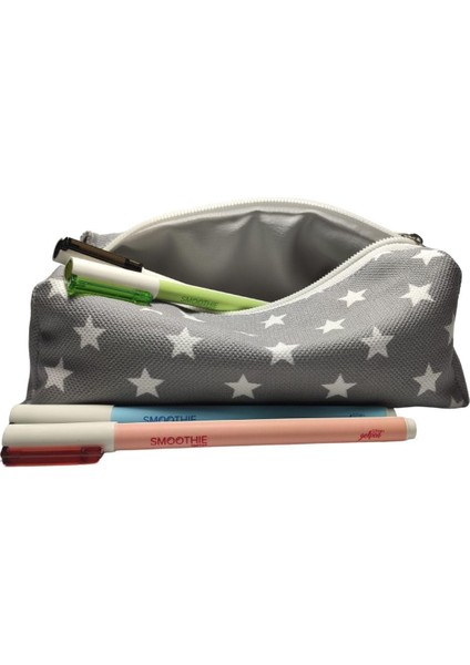 Desenli Astarlı Yıkanabilir Bez Kalemlik Kalem Kutusu Gri