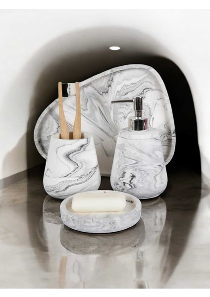 4'lü Mermer Desen Beton Banyo Seti Sıvı Sabunluk Diş Fırçalığı Aksesuar Takımı