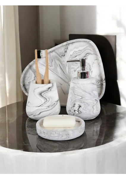4'lü Mermer Desen Beton Banyo Seti Sıvı Sabunluk Diş Fırçalığı Aksesuar Takımı modelleri