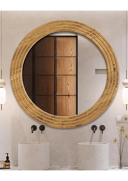 Antik Ahşap Dekoratif Ayna Yuvarlak Ayna Duvar Aynası Banyo Lavabo Aynası (Medium)