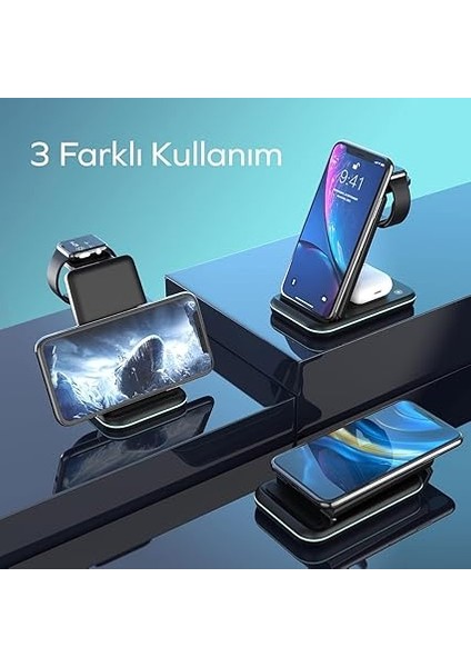 By Deji Iphone-Watch-Airpods Uyumlu Katlanabilir 15W Hızlı Wireless Kablosuz Şarj Standı fiyatları