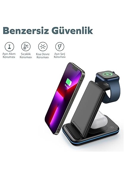 By Deji Iphone-Watch-Airpods Uyumlu Katlanabilir 15W Hızlı Wireless Kablosuz Şarj Standı modelleri
