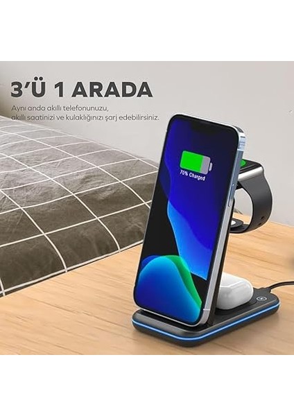 By Deji Iphone-Watch-Airpods Uyumlu Katlanabilir 15W Hızlı Wireless Kablosuz Şarj Standı fırsatları