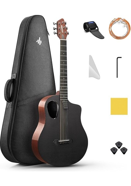 Yeni Başlayanlar ve Orta Düzey Öğrenciler Için Akustik Gitar Kitleri - Karbon Fiber Üstlü 38" Seyahat Gitarı, Ahşap Arka ve Yanlar, Kılıf, Kayış, Çelik Teller, Rısıng-G1 (Parlak, Kahverengi)