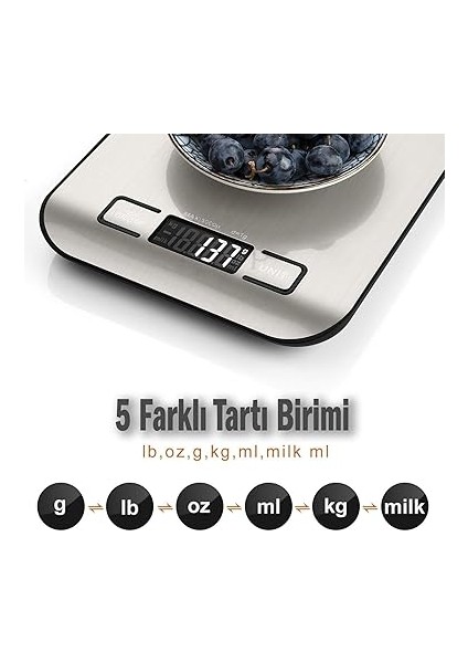 Home Dijital Mutfak Terazisi – Paslanmaz Çelik Yüzeyli Hassas Tartı, 5 kg Kapasiteli, Dara Özellikli, LCD Ekranlı, 5 Birim Dönüşümlü, Pilli,dijital Tartı fiyatları