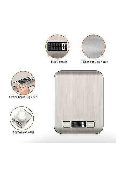 Home Dijital Mutfak Terazisi – Paslanmaz Çelik Yüzeyli Hassas Tartı, 5 kg Kapasiteli, Dara Özellikli, LCD Ekranlı, 5 Birim Dönüşümlü, Pilli,dijital Tartı modelleri