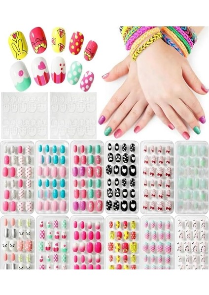 Paket Karışık Yapışkanlı Kız Çocuk Desenli Karışık Renk 24'lü Takma Tırnak