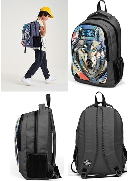 High Siyah Kurt Desenli Ilkokul ve Ortaokul Sırt Çantası Üç Bölmeli Erkek Çocuk modelleri
