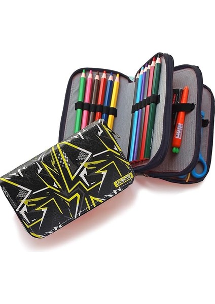 Kalem Kutusu Siyah Kamuflaj Geometrik Desen Organizer Kalemkutu Vegan Deri Üç Bölmeli Kalemlik modelleri