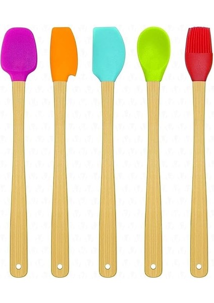 Parça Bambu Saplı Mini Silikon Spatula Kaşık Fırça Seti Renkli
