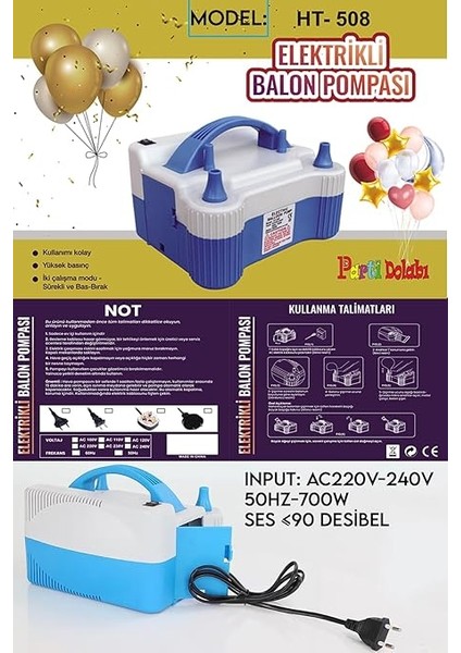 Dolabı HT508 Çift Hava Çıkışlı 2 Düğmeli Balon Şişirme Makinası, Elektrikli Balon Pompası 700W 1.3kg indirimleri