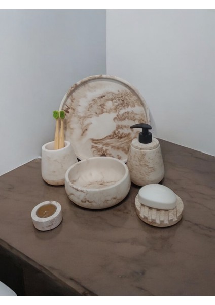 6'lı Mermer Desen Bej Beton Banyo Seti ,sıvı Sabunluk Diş Fırçalığı Aksesuar Takım