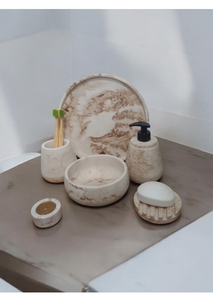 6'lı Mermer Desen Bej Beton Banyo Seti ,sıvı Sabunluk Diş Fırçalığı Aksesuar Takım fiyatları