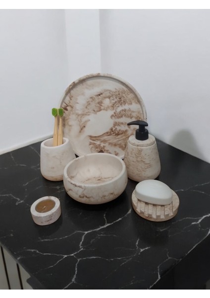 6'lı Mermer Desen Bej Beton Banyo Seti ,sıvı Sabunluk Diş Fırçalığı Aksesuar Takım modelleri