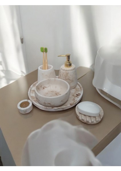 6'lı Mermer Desen Bej Beton Banyo Seti ,sıvı Sabunluk Diş Fırçalığı Aksesuar Takım fırsatları