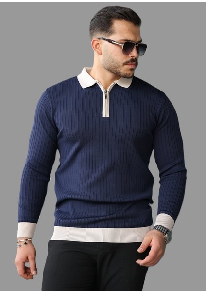 Erkek Kol ve Yaka Detaylı Uzun Kollu Triko Kazak – Şık ve Rahat Günlük Kombin Parçası