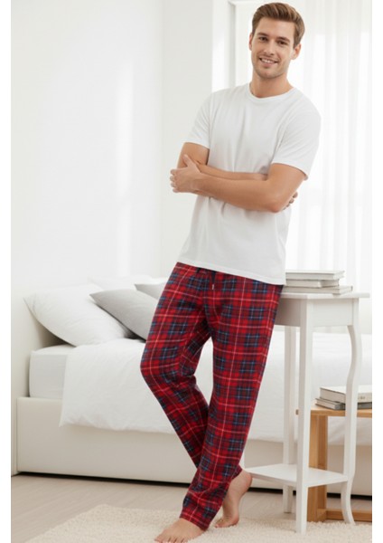 2’li Takım Erkek Kareli Pijama Altı Cepli Bol Kalıp Lastikli Ipli Yumuşak Relax Fit Yeşil-Kırmızı Alt