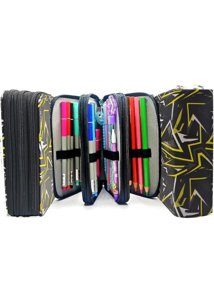 Kalem Kutusu Siyah Kamuflaj Geometrik Desen Organizer Kalemkutu Vegan Deri Üç Bölmeli Kalemlik indirimleri