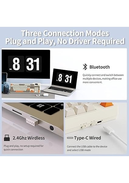 Ajazz AK35I V3 Kablosuz Mekanik Oyuncu Klavyesi-Gasket Gövde Yapısı Dinamik Rgb-Tft Ekranlı Bej/avakado Switch fırsatları