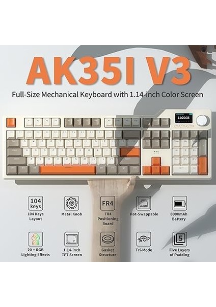 Ajazz AK35I V3 Kablosuz Mekanik Oyuncu Klavyesi-Gasket Gövde Yapısı Dinamik Rgb-Tft Ekranlı Bej/avakado Switch indirimleri