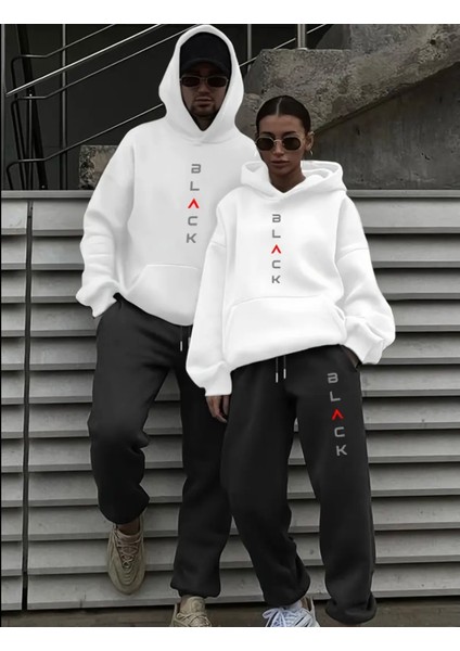 Büyük Beden Özel Tasarım Kapüşonlu Black Baskılı Sevgili Kombini Kışlık Eşofman Takımı.1 Adet Fiyatıdır