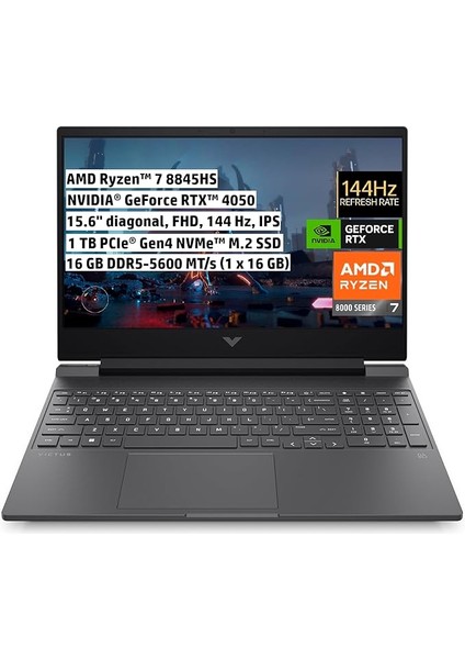 Victus | Amd Ryzen™ 7 8845HS 5 | 16 GB DDR5-5600 | 1 Tb Pcıe® Nvme™ M.2 SSD | Nvıdıa® Geforce Rtx™ 4050 | 15, 6 Inç Fhd IPS 144 Hz | Freedos | Gaming Laptop | B9KM3EA