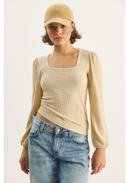 Kadın Kare Yaka Uzun Kollu Gofre Bluz fırsatları