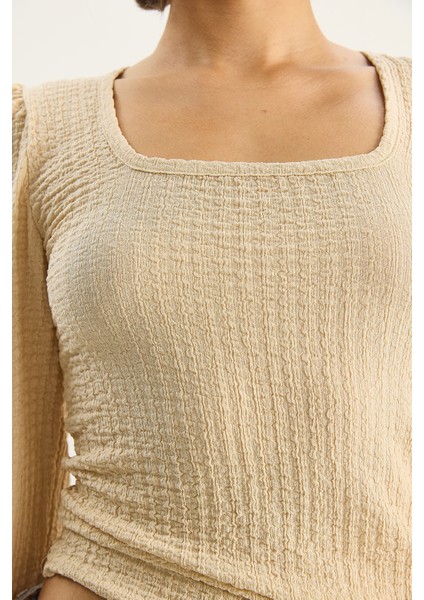 Kadın Kare Yaka Uzun Kollu Gofre Bluz indirimleri