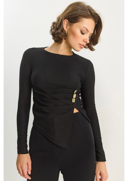 Kadın Bisiklet Yaka Asimetrik Kesim Aksesuar Detaylı Fitilli Bluz