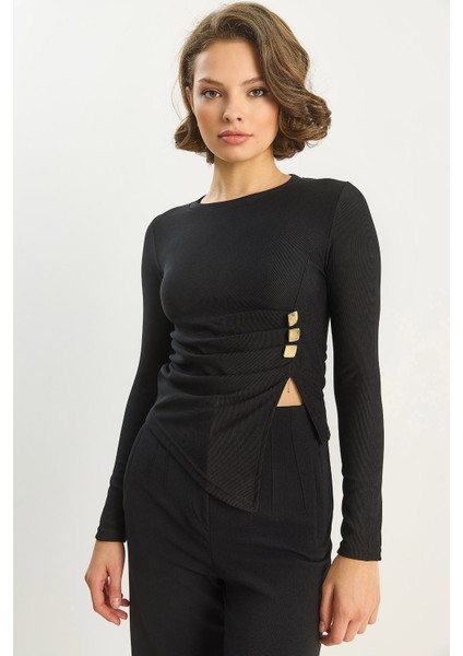 Kadın Bisiklet Yaka Asimetrik Kesim Aksesuar Detaylı Fitilli Bluz fiyatları