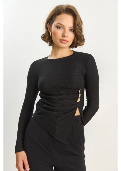 Kadın Bisiklet Yaka Asimetrik Kesim Aksesuar Detaylı Fitilli Bluz modelleri