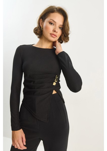 Kadın Bisiklet Yaka Asimetrik Kesim Aksesuar Detaylı Fitilli Bluz fırsatları