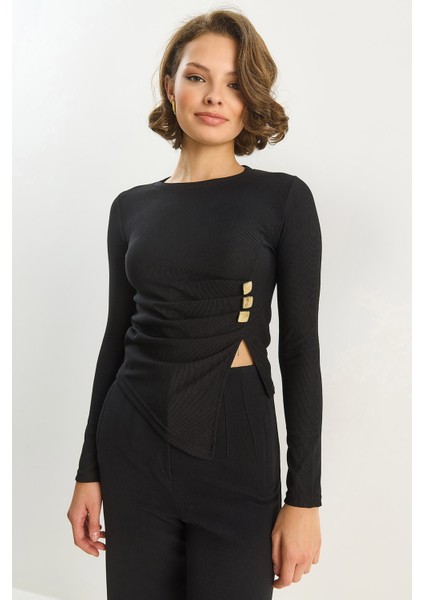 Kadın Bisiklet Yaka Asimetrik Kesim Aksesuar Detaylı Fitilli Bluz indirimleri