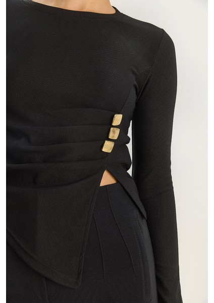 Kadın Bisiklet Yaka Asimetrik Kesim Aksesuar Detaylı Fitilli Bluz