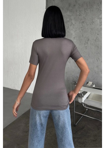 Rahat ve Şık Kısa Kollu Bisiklet Yaka Likralı Viskon Penye Body Füme ( Lisinya ) fırsatları