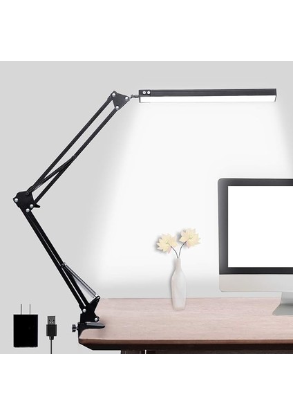 LED Masa Lambası, Kelepçeli Ayarlanabilir Salıncak Kol Lambası, Göz Bakımı Okuma Işığı, 10 Parlaklık Seviyesi, 3 Aydınlatma Modu, Ev Ofis Adaptörü Için Hafıza Fonksiyonu Lambaları (Siyah)
