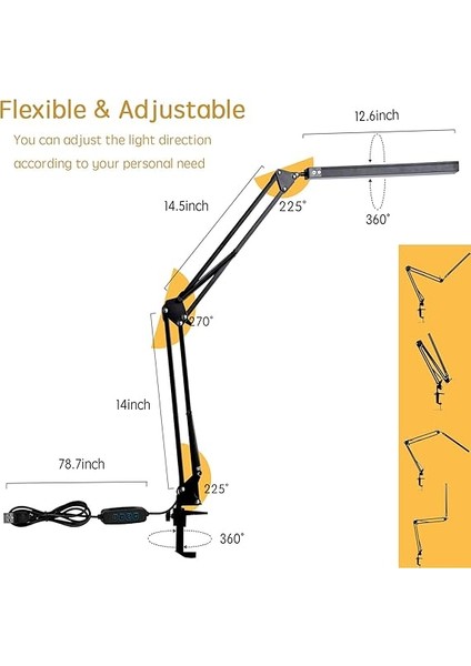 LED Masa Lambası, Kelepçeli Ayarlanabilir Salıncak Kol Lambası, Göz Bakımı Okuma Işığı, 10 Parlaklık Seviyesi, 3 Aydınlatma Modu, Ev Ofis Adaptörü Için Hafıza Fonksiyonu Lambaları (Siyah) modelleri