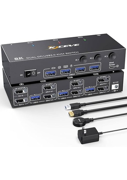 Usb3.0 Dpkvm Switch 2 Monitör 3 Pc Çözünürlük 8K@30Hz 4K@144Hz 3 Pc Çift Monitör Arayüzü Dp Kablolu Usb3.0 Kvm Switch*2 KC-KVM302DP