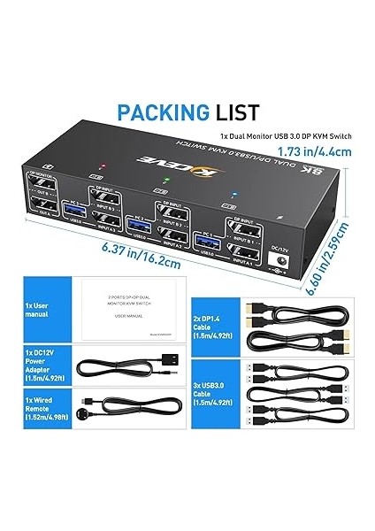 Usb3.0 Dpkvm Switch 2 Monitör 3 Pc Çözünürlük 8K@30Hz 4K@144Hz 3 Pc Çift Monitör Arayüzü Dp Kablolu Usb3.0 Kvm Switch*2 KC-KVM302DP fiyatları