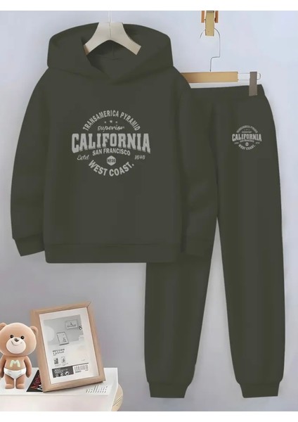 Özel Tasarım Kapüşonlu Californıa West Coast Baskılı %100 Pamuk Kışlık Erkek Çocuk Eşofman Takımı