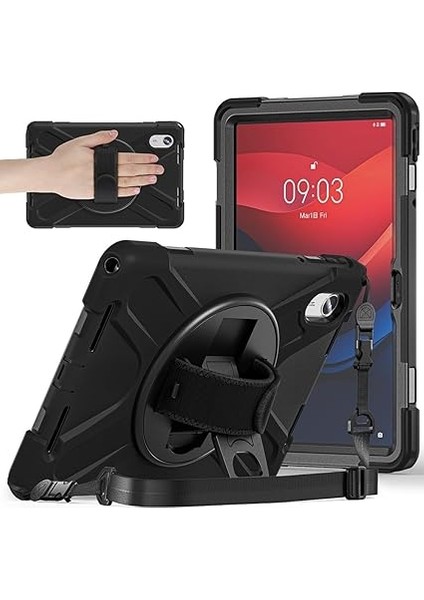 Lenovo Tab M11 TB-330FU ile Uyumlu Kılıf El Tutamaçlı Standlı Full 360 Koruma Z-Defender Rugged Tablet Kılıf Siyah fiyatları
